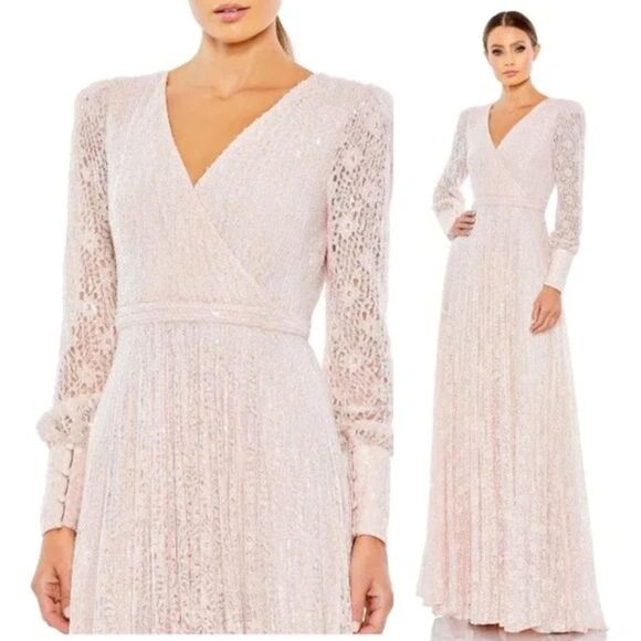 Mac Duggal 93679 Beaded Lace Long Sleeve Wrap Over Gown, Light Rose, Size 12